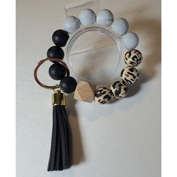 Silicone Beaded Wristlet Keychain - Cow Beads & Black Gray Marble vn - Picture 1 of 2